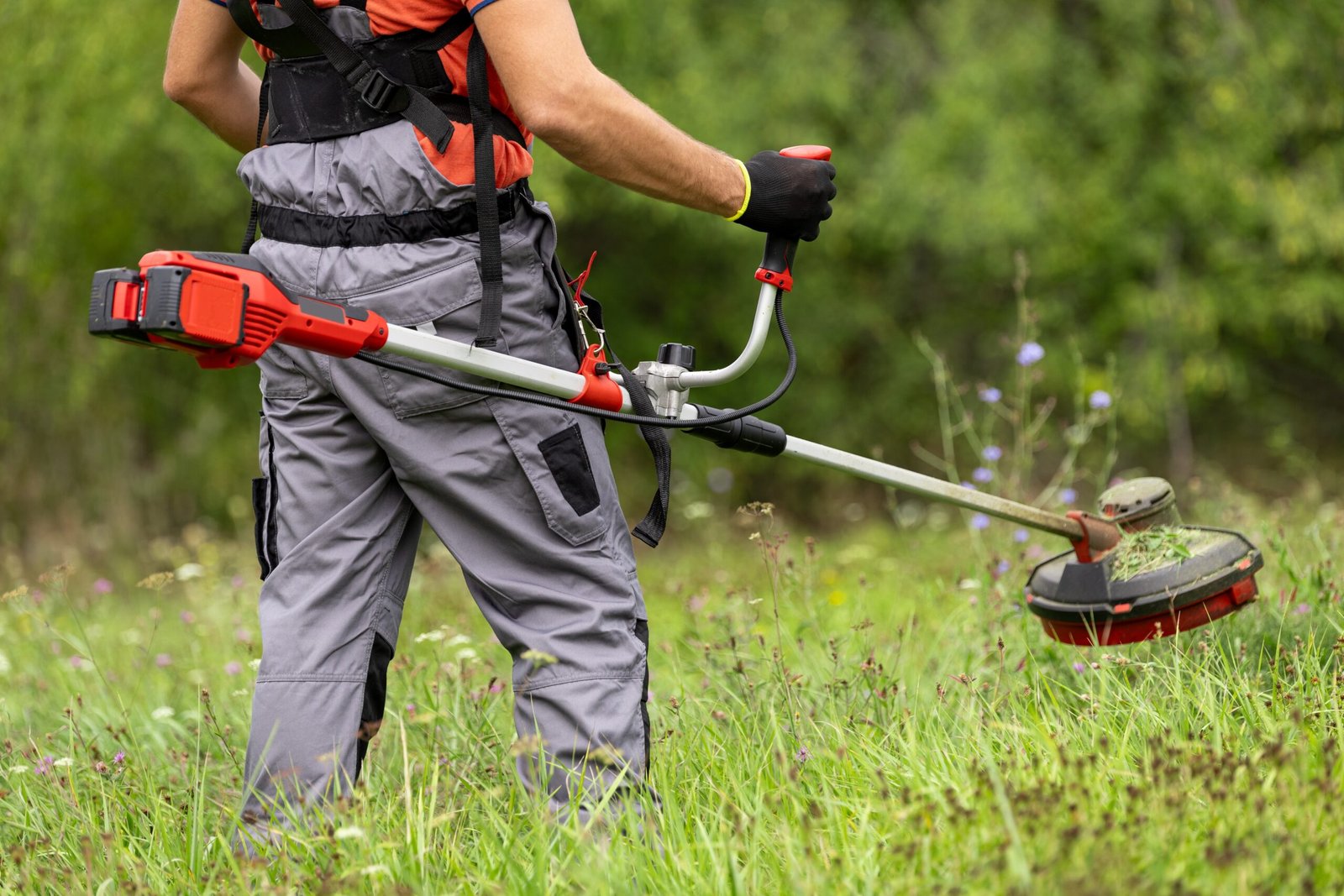 Rear,View,Of,Professional,Gardener,Cutting,Grass,With,Weed,Trimmer.